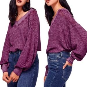We the Free South Side Thermal V-Neck Long Sleeve Waffle Knit Purple Top…